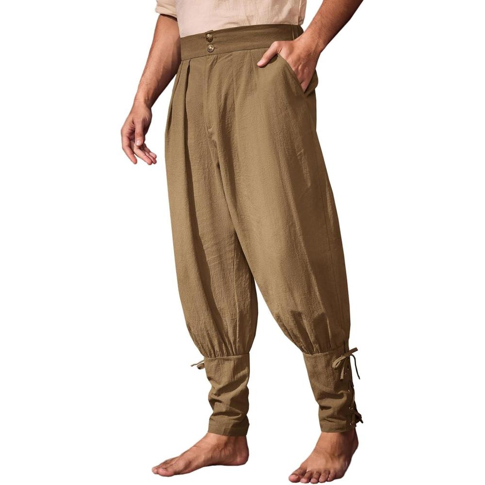 imageRuncati Mens Medieval Ankle Pants Renaissance Viking Pirate Pants Lace Up Cotton Tapered Halloween Costume TrousersBrown
