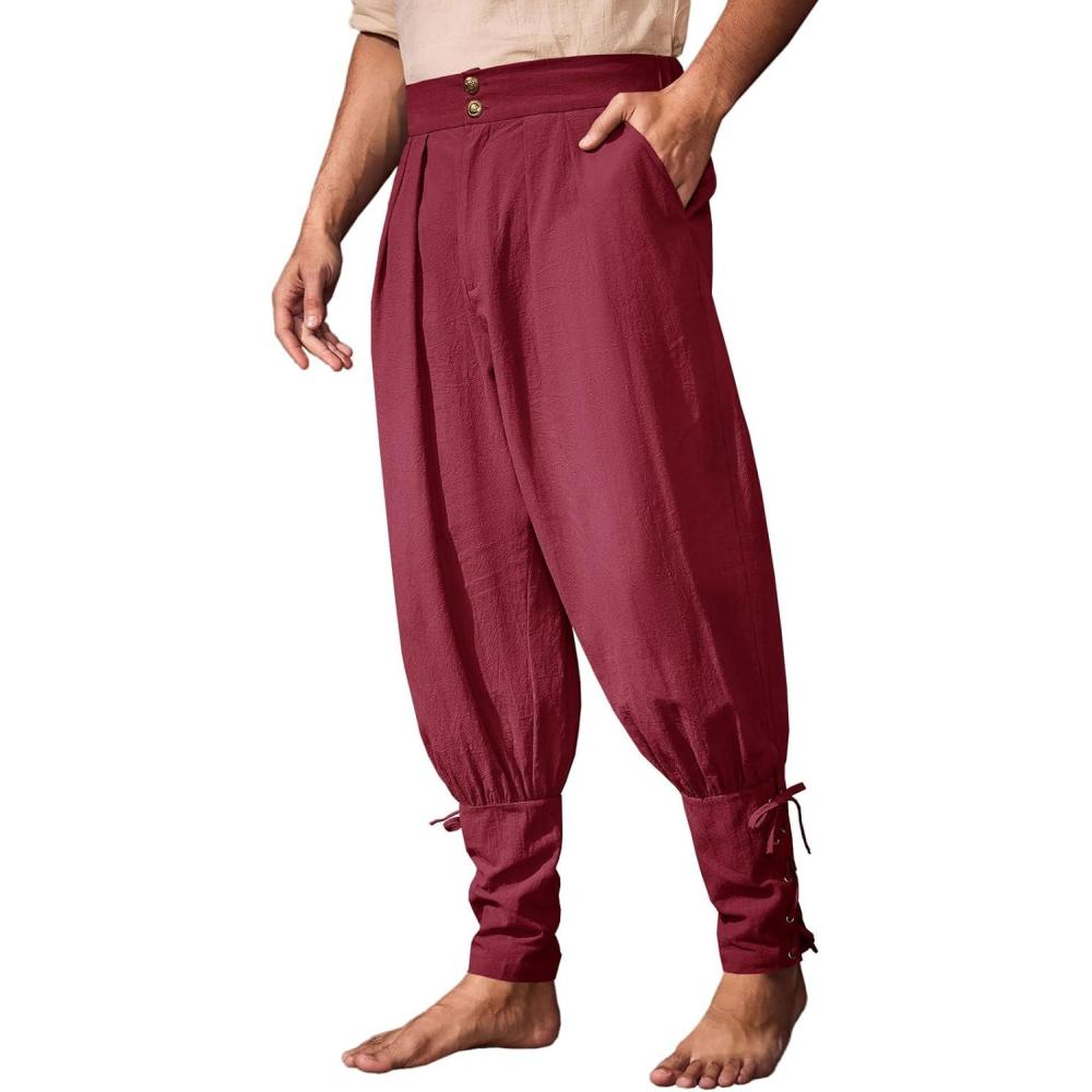 imageRuncati Mens Medieval Ankle Pants Renaissance Viking Pirate Pants Lace Up Cotton Tapered Halloween Costume TrousersClaret