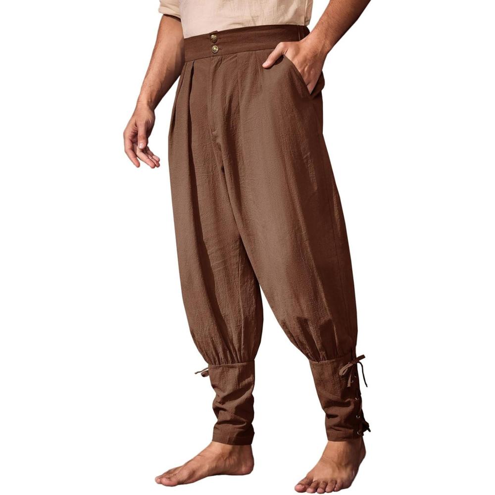 imageRuncati Mens Medieval Ankle Pants Renaissance Viking Pirate Pants Lace Up Cotton Tapered Halloween Costume TrousersCoffee