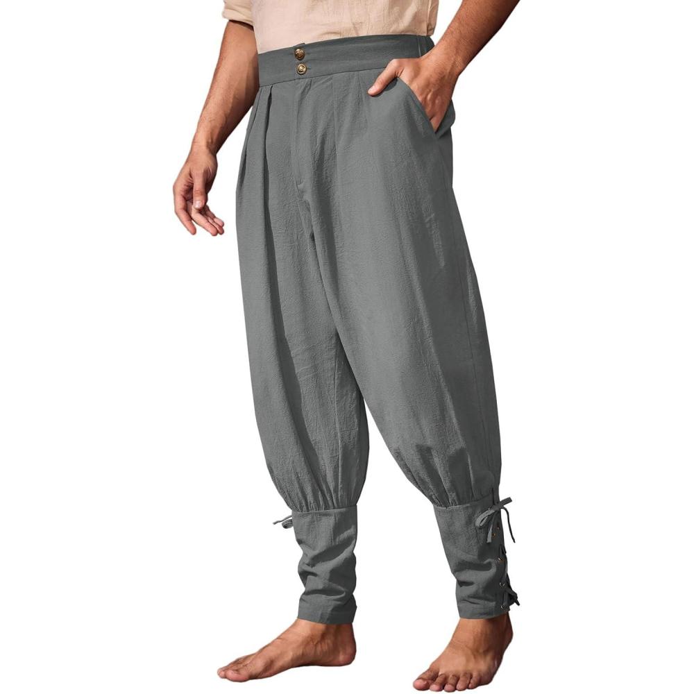 imageRuncati Mens Medieval Ankle Pants Renaissance Viking Pirate Pants Lace Up Cotton Tapered Halloween Costume TrousersDark Grey
