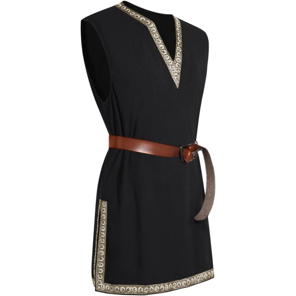 imageRuncati Mens Medieval Costume Pirate Renaissance Sleeveless Tunic Knight Viking Halloween LARP ShirtsBlack