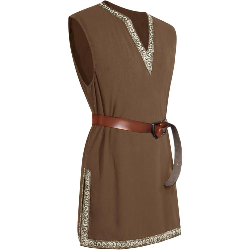 imageRuncati Mens Medieval Costume Pirate Renaissance Sleeveless Tunic Knight Viking Halloween LARP ShirtsBrown
