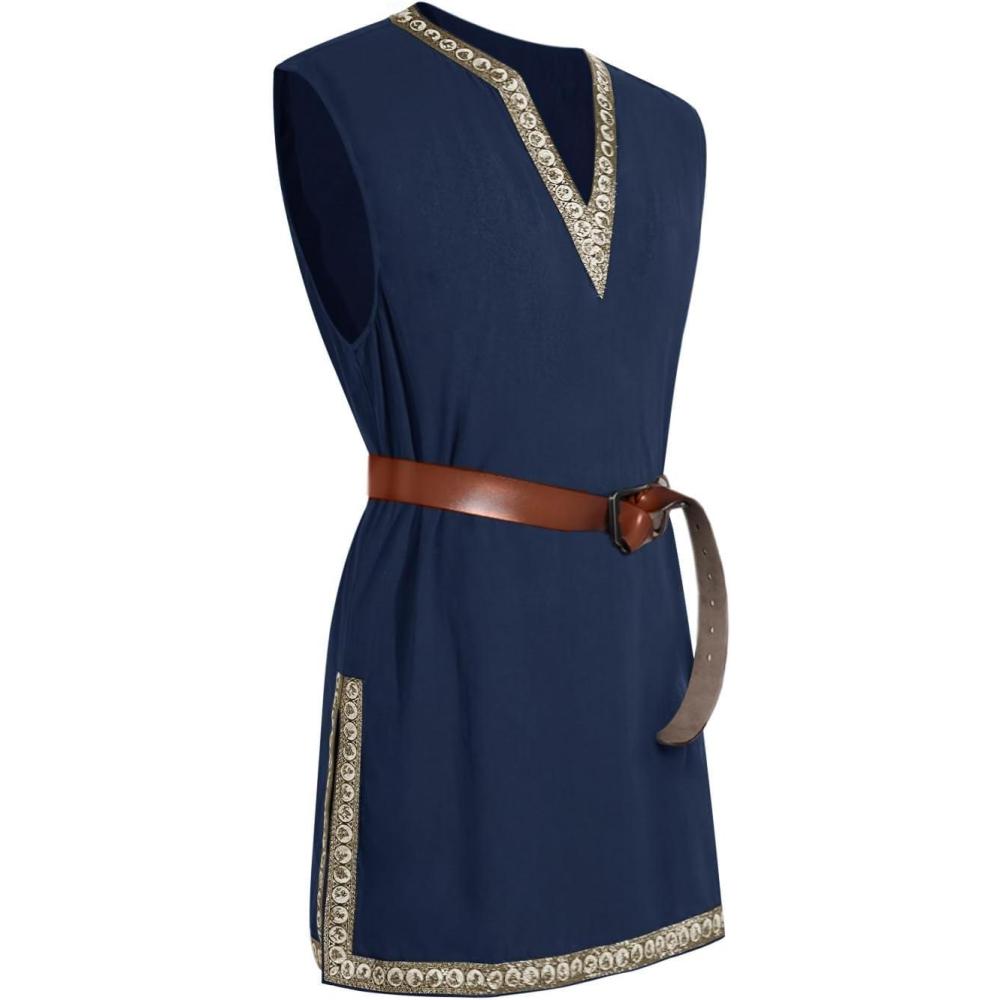 imageRuncati Mens Medieval Costume Pirate Renaissance Sleeveless Tunic Knight Viking Halloween LARP ShirtsNavy