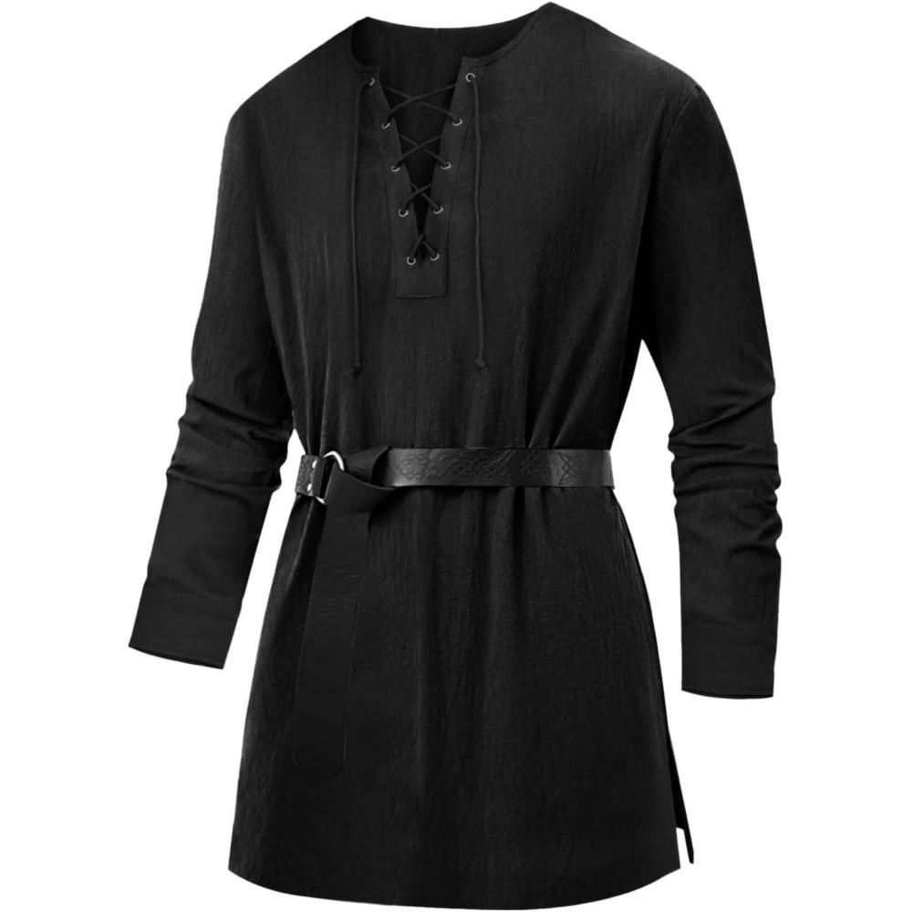 imageRuncati Mens Medieval Pirate Costume Tunic Renaissance Viking Lace Up Cotton Shirts Knight Warrior LARP Halloween TopsBlack
