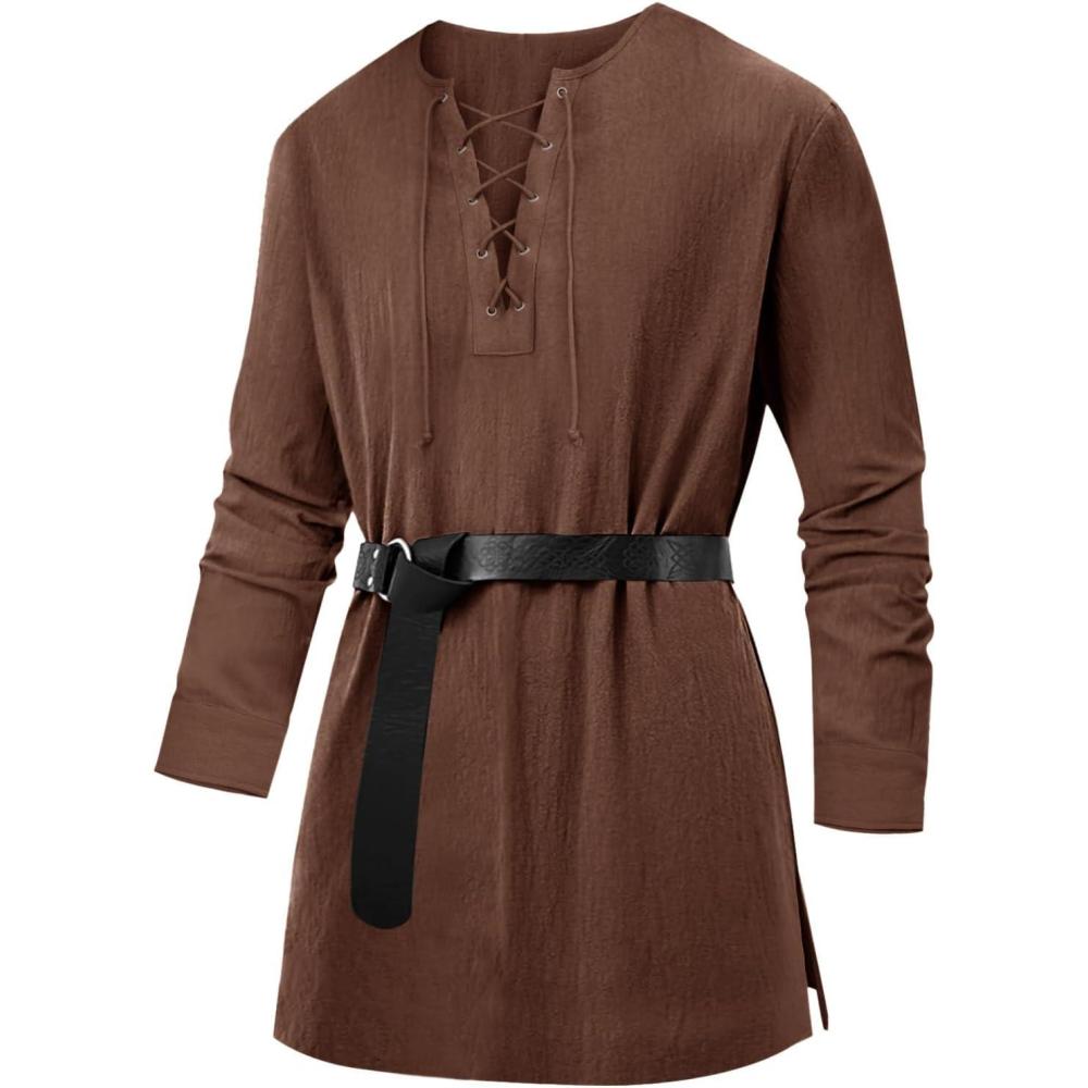 imageRuncati Mens Medieval Pirate Costume Tunic Renaissance Viking Lace Up Cotton Shirts Knight Warrior LARP Halloween TopsBrown