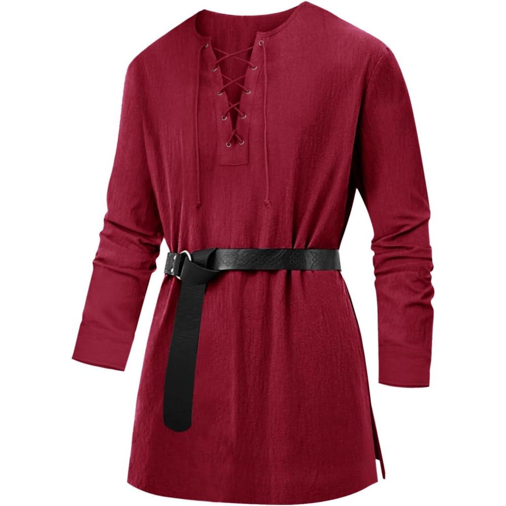 imageRuncati Mens Medieval Pirate Costume Tunic Renaissance Viking Lace Up Cotton Shirts Knight Warrior LARP Halloween TopsDark Red
