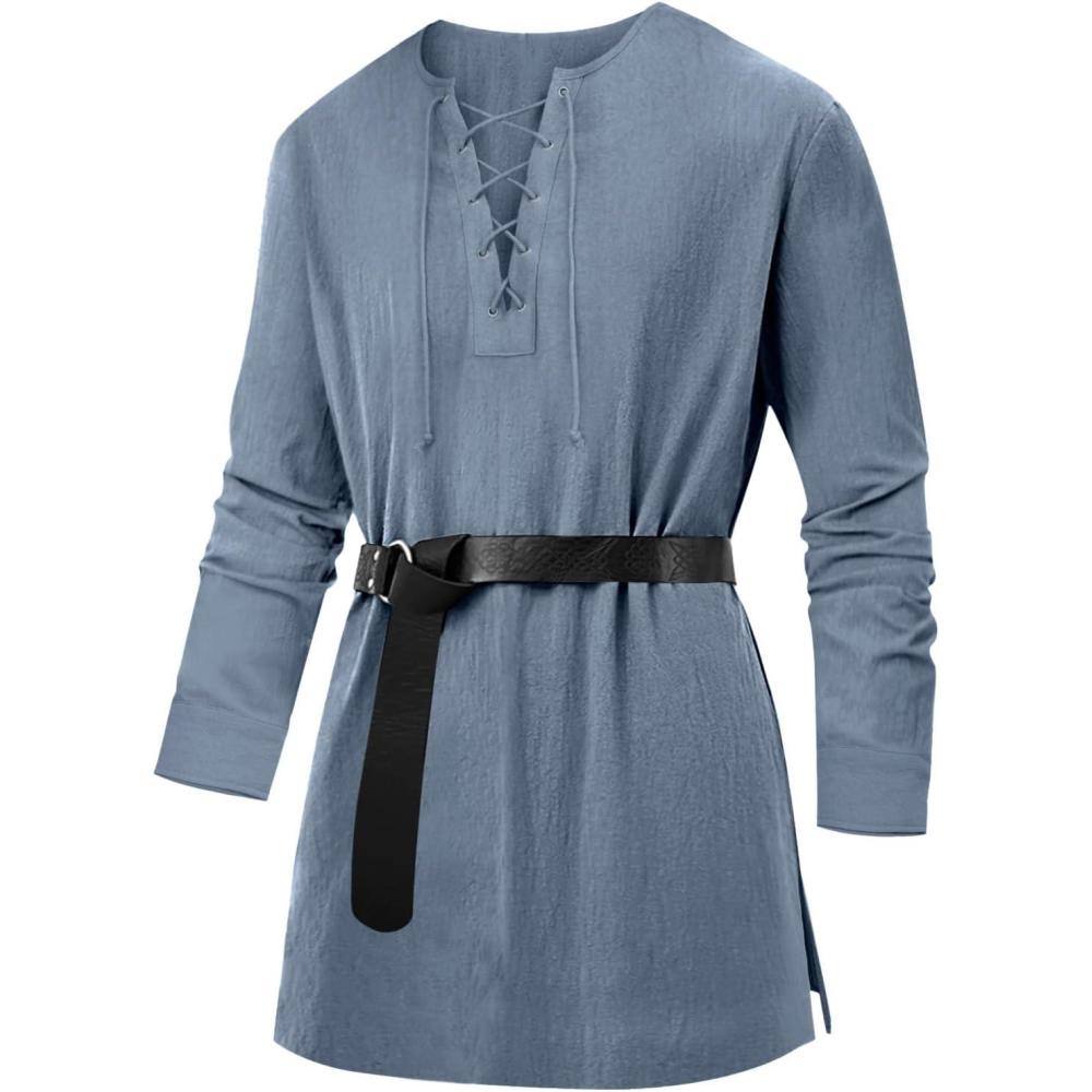 imageRuncati Mens Medieval Pirate Costume Tunic Renaissance Viking Lace Up Cotton Shirts Knight Warrior LARP Halloween TopsGrey