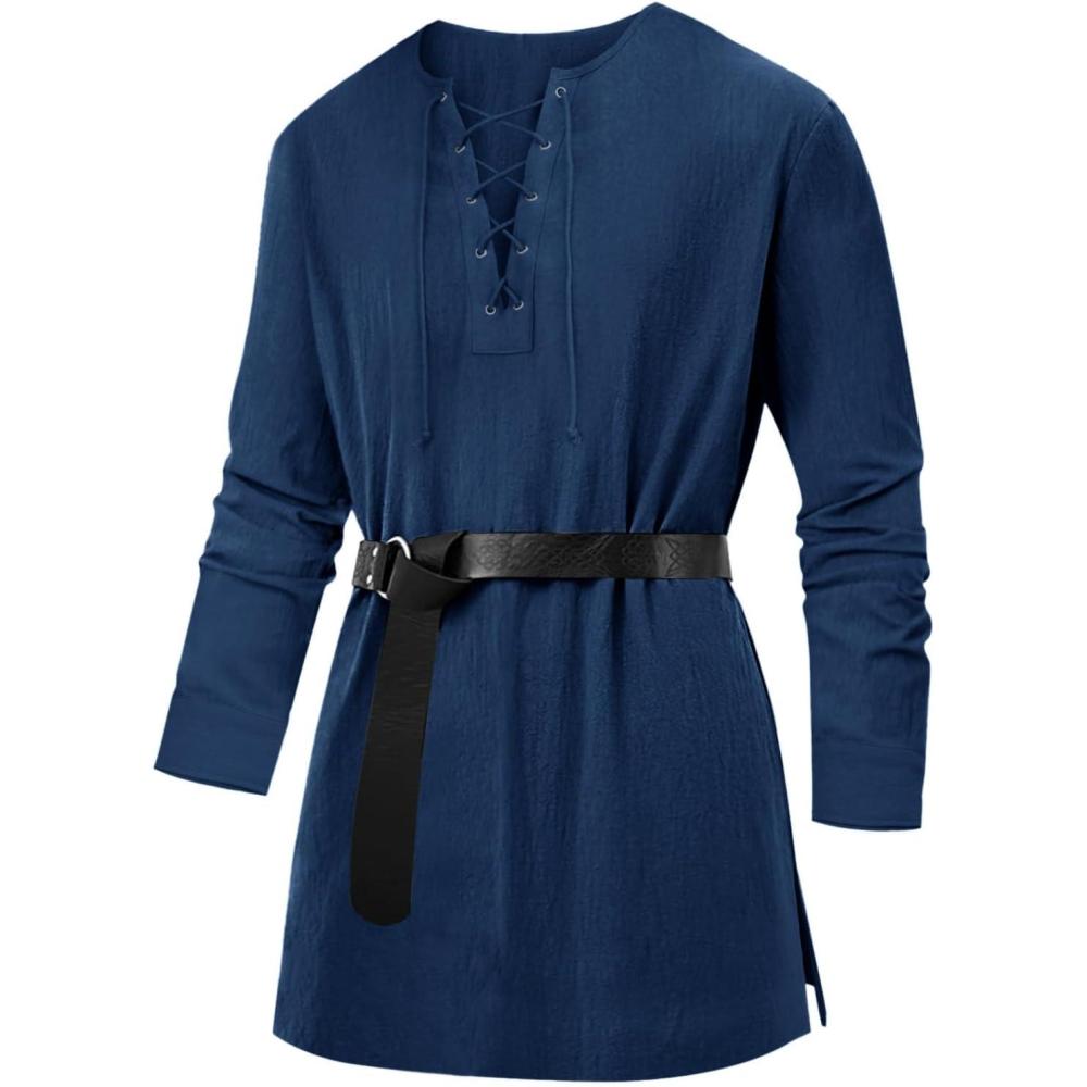 imageRuncati Mens Medieval Pirate Costume Tunic Renaissance Viking Lace Up Cotton Shirts Knight Warrior LARP Halloween TopsNavy