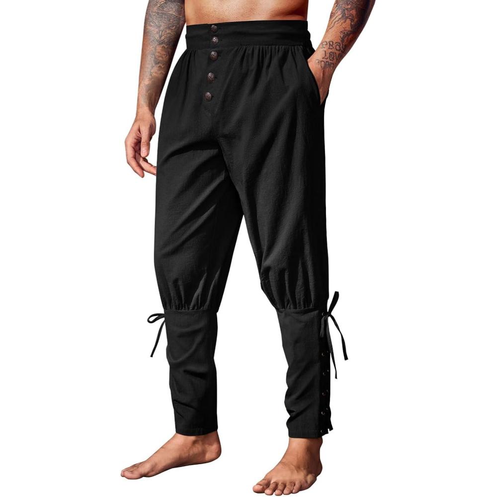 imageRuncati Mens Medieval Pirate Pants Renaissance Ankle Banded Viking Ren Faire Pants Lace Up Halloween Costume TrousersBlack