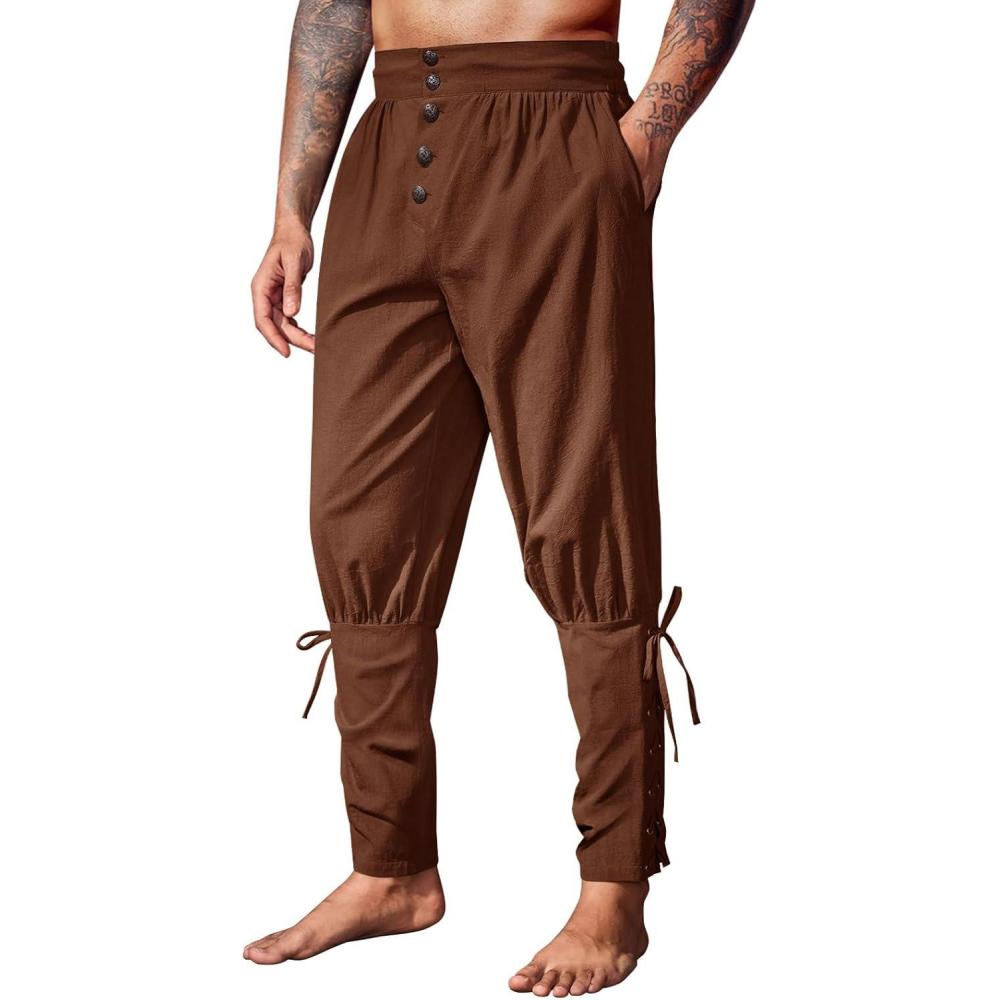 imageRuncati Mens Medieval Pirate Pants Renaissance Ankle Banded Viking Ren Faire Pants Lace Up Halloween Costume TrousersCoffee