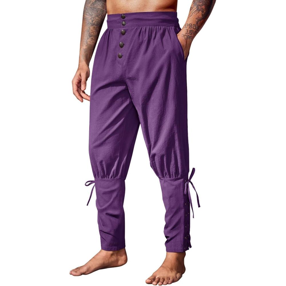 imageRuncati Mens Medieval Pirate Pants Renaissance Ankle Banded Viking Ren Faire Pants Lace Up Halloween Costume TrousersPurple