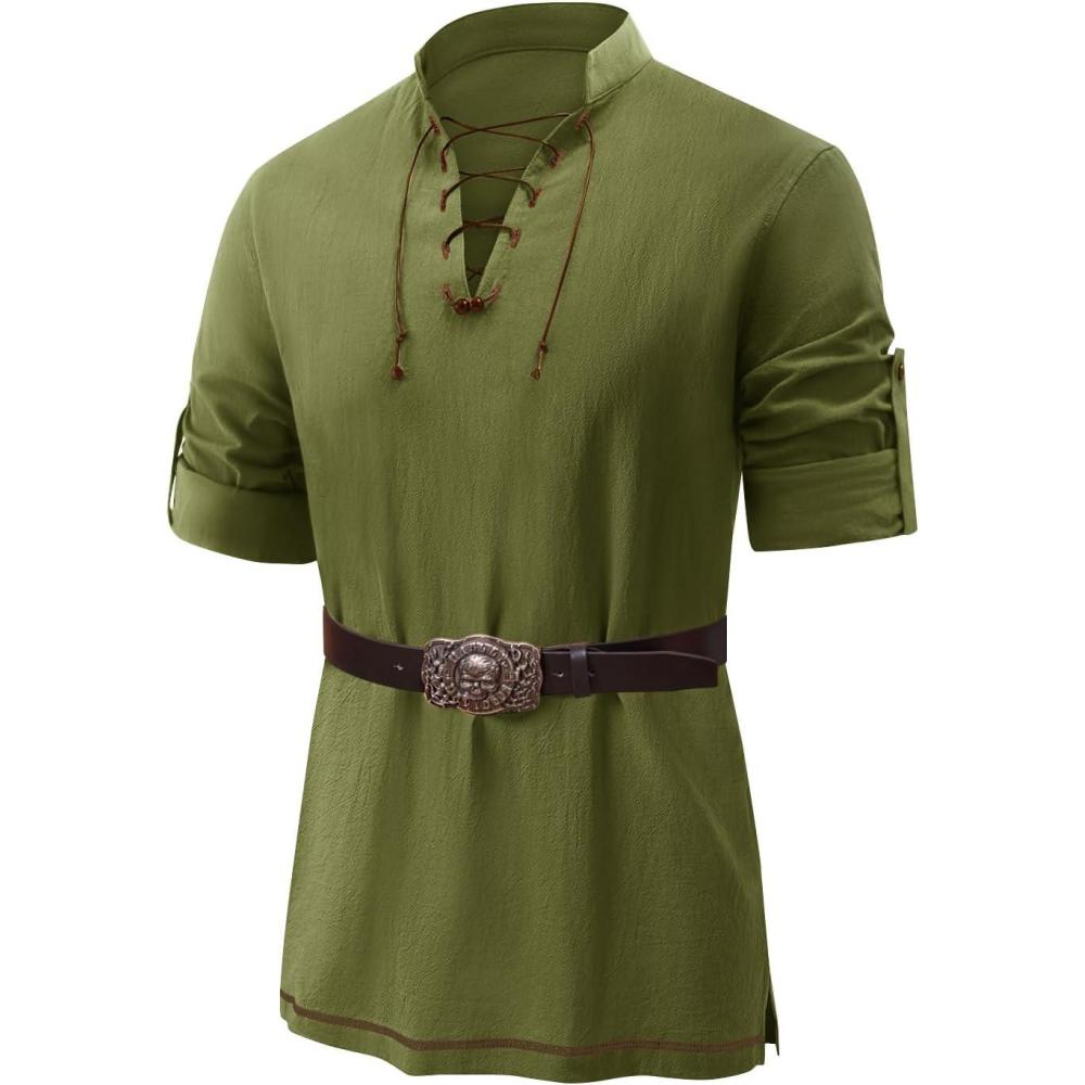 imageRuncati Mens Medieval Pirate Shirt Renaissance Viking Long Sleeve Shirts Lace Up Scottish Halloween Costume TopsArmy Green