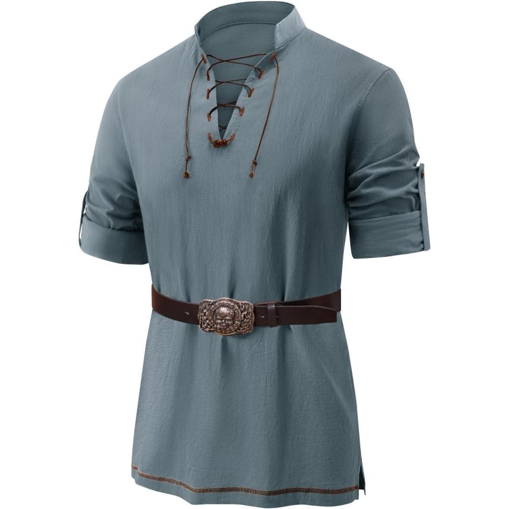 imageRuncati Mens Medieval Pirate Shirt Renaissance Viking Long Sleeve Shirts Lace Up Scottish Halloween Costume TopsDark Grey