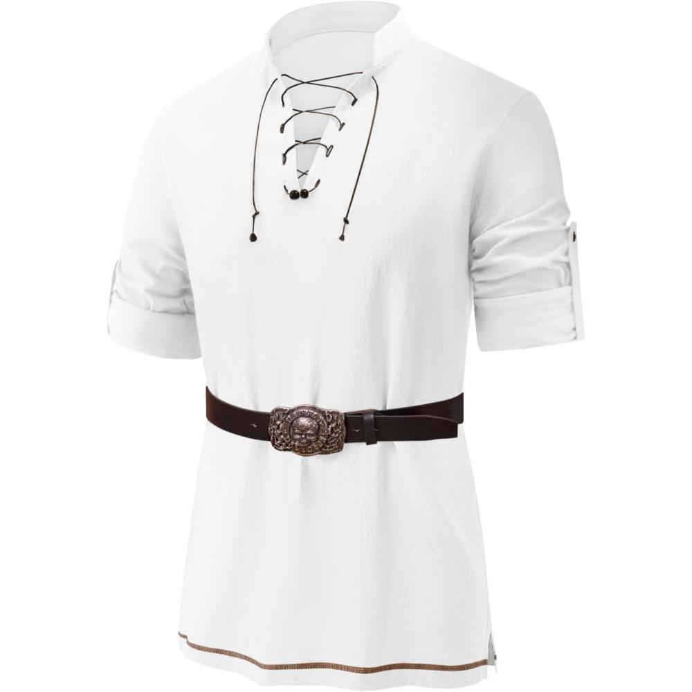 imageRuncati Mens Medieval Pirate Shirt Renaissance Viking Long Sleeve Shirts Lace Up Scottish Halloween Costume TopsWhite