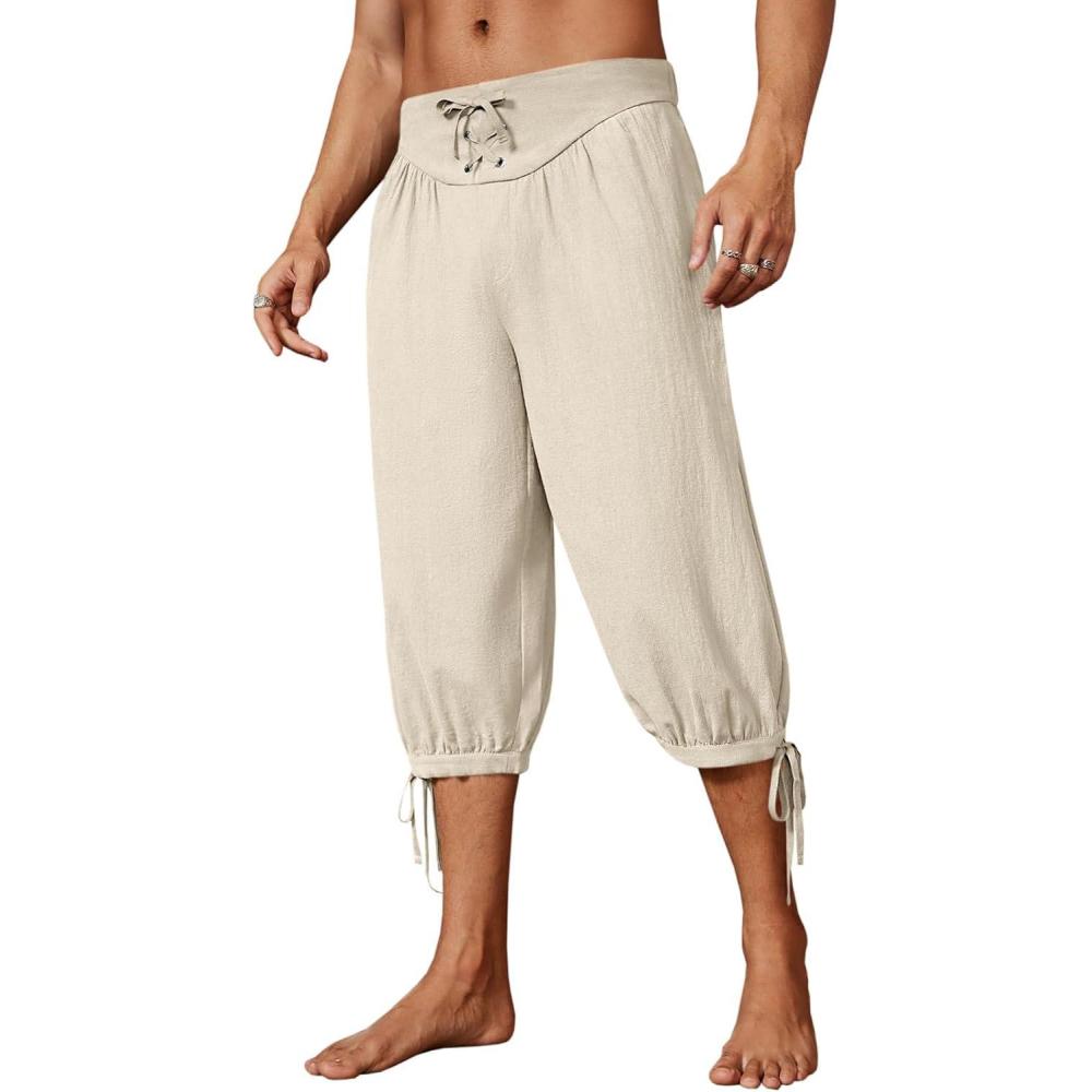 imageRuncati Mens Medieval Pirate Shorts Renaissance Colonial Viking Lace Up Halloween Costume PantsBeige