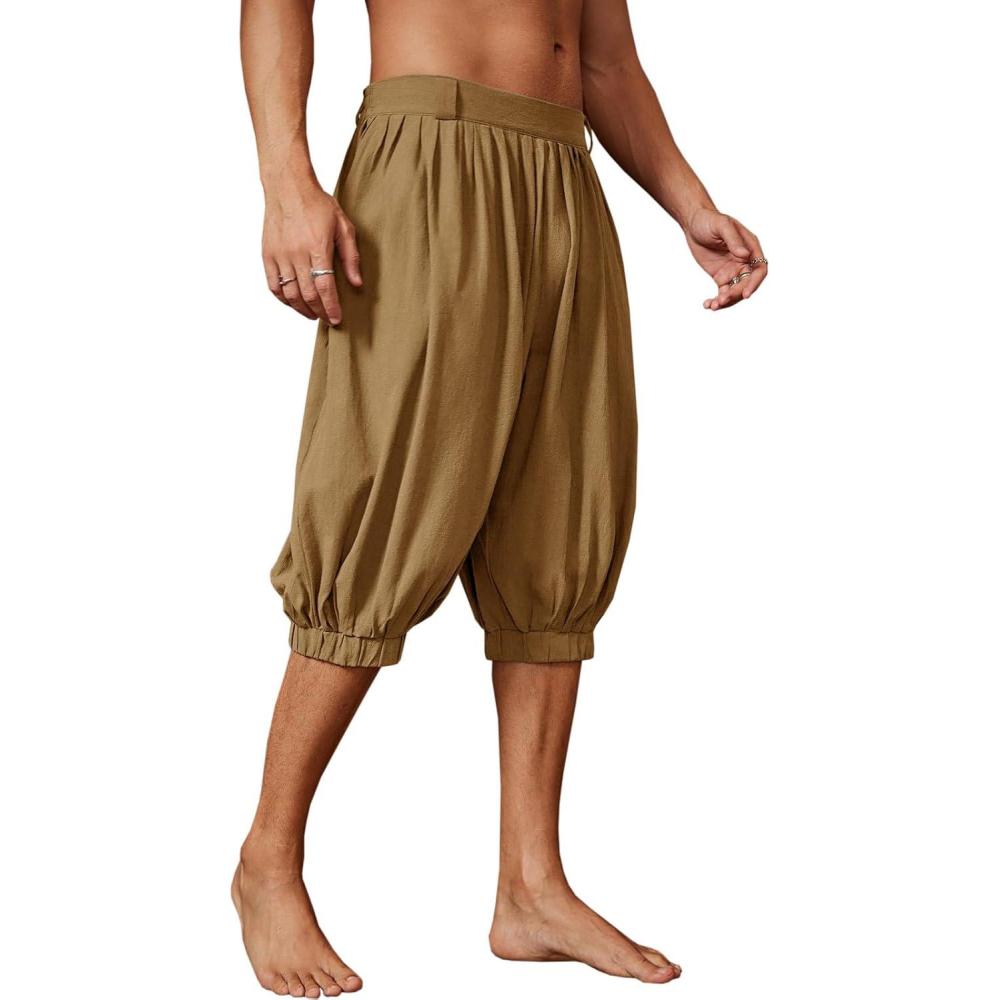 imageRuncati Mens Medieval Pirate Shorts Renaissance Viking Colonial Linen Halloween Costume PantsBrown