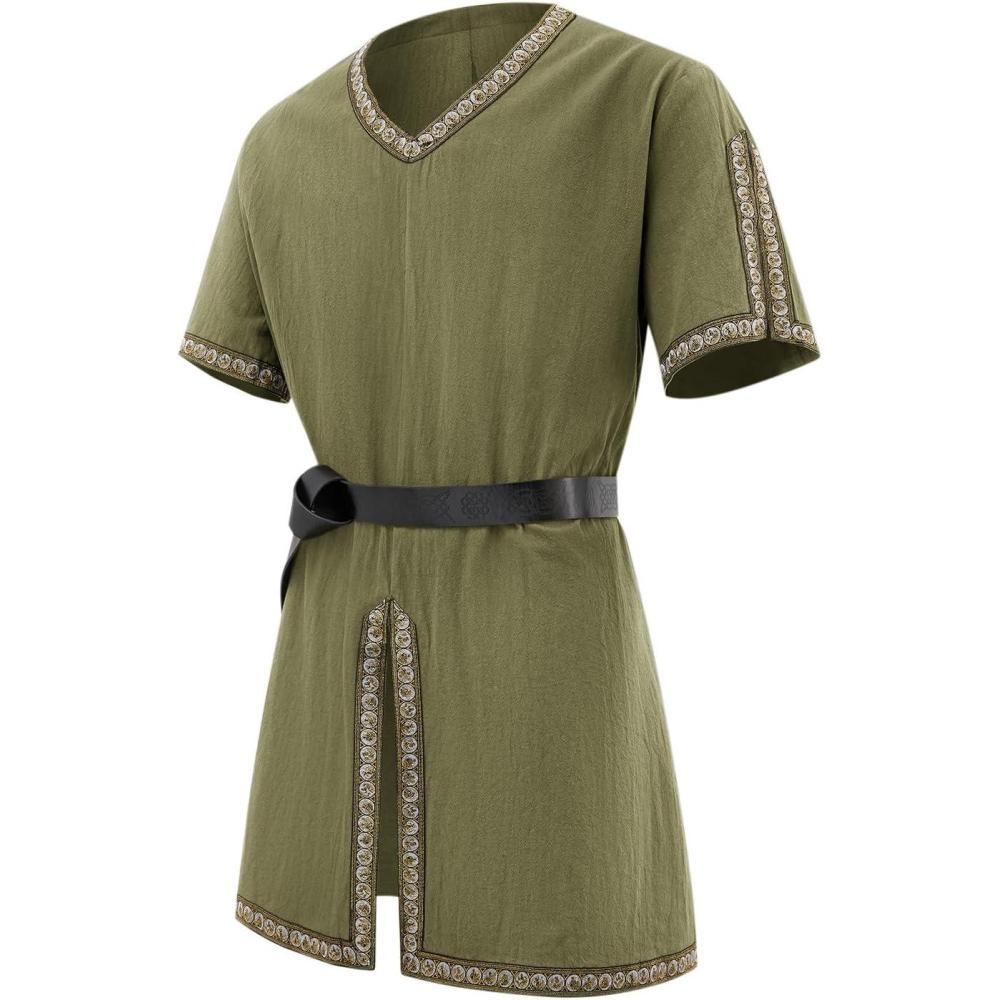imageRuncati Mens Medieval Pirate Tunic Renaissance Viking Knight Costume Linen Short Sleeve LARP Halloween TopsArmy Green