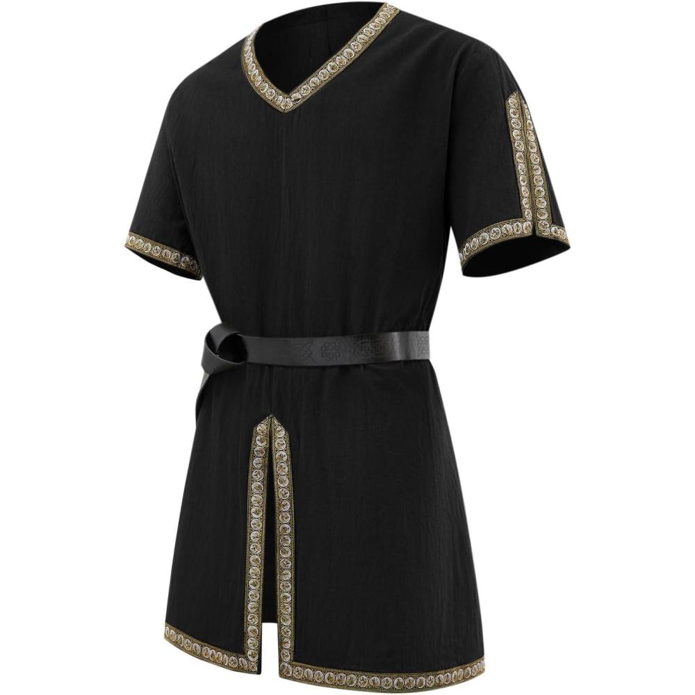 imageRuncati Mens Medieval Pirate Tunic Renaissance Viking Knight Costume Linen Short Sleeve LARP Halloween TopsBlack
