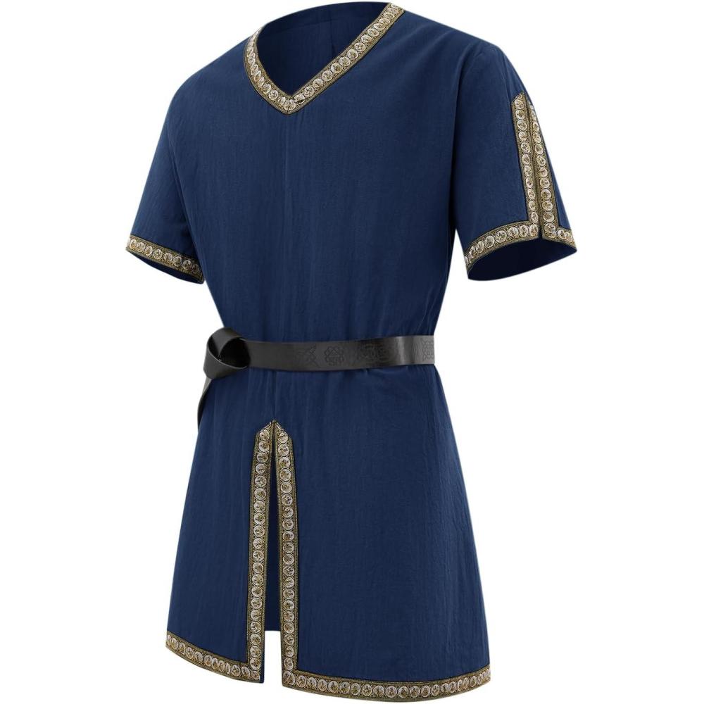 imageRuncati Mens Medieval Pirate Tunic Renaissance Viking Knight Costume Linen Short Sleeve LARP Halloween TopsNavy
