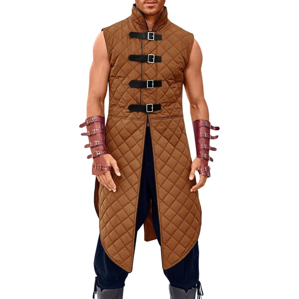 imageRuncati Mens Padded Gambeson Vest Sleeveless Aketon Armor Medieval Knight Surcoat Halloween LARP Costume DressBrown