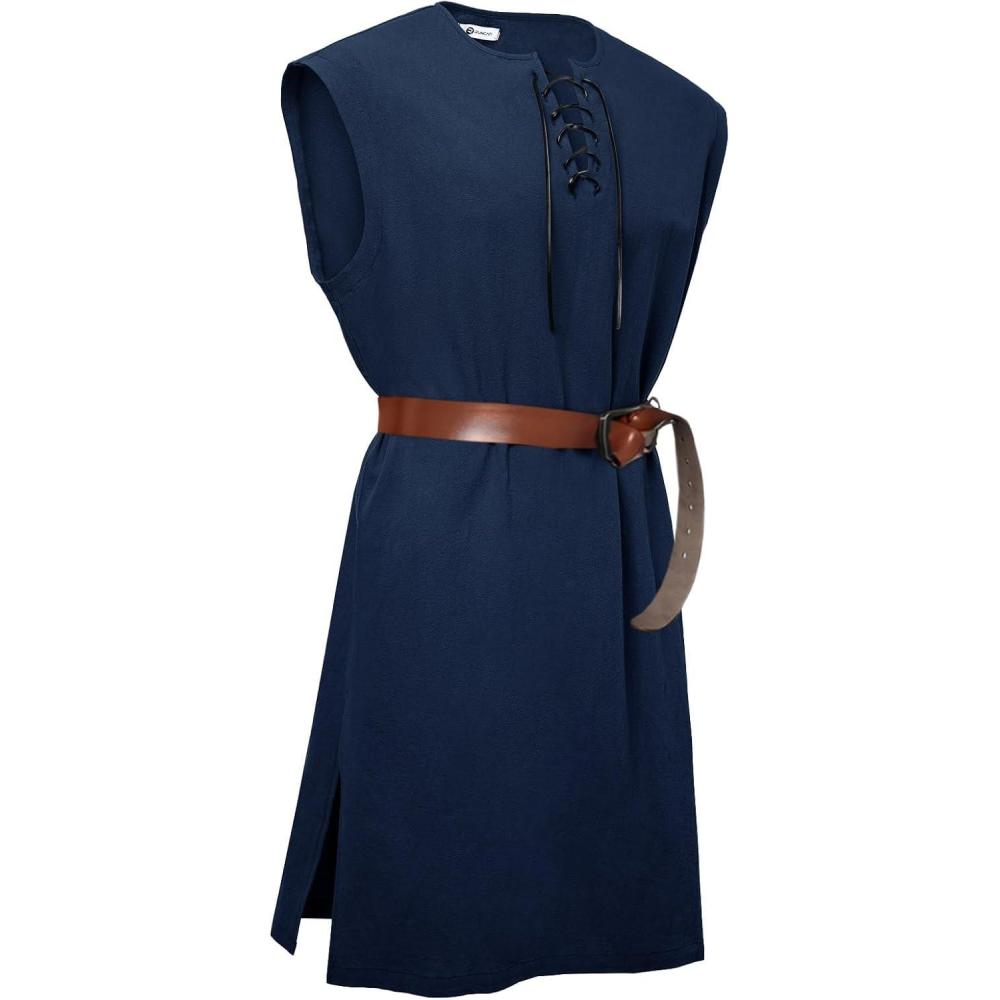 imageRuncati Mens Pirate Costume Tunic Renaissance Medieval Knight Warrior Sleeveless Lace Up Shirts Viking LARP Halloween TabardNavy Blue