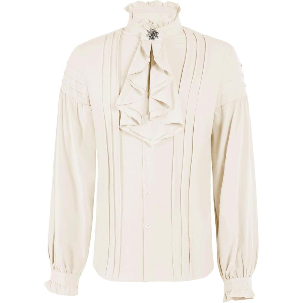 imageRuncati Mens Pirate Medieval Shirts Ruffle Steampunk Victorian Cosplay Costume Gothic Renaissance Shirt Viking TopsBeige