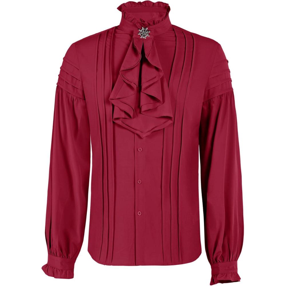 imageRuncati Mens Pirate Medieval Shirts Ruffle Steampunk Victorian Cosplay Costume Gothic Renaissance Shirt Viking TopsRed