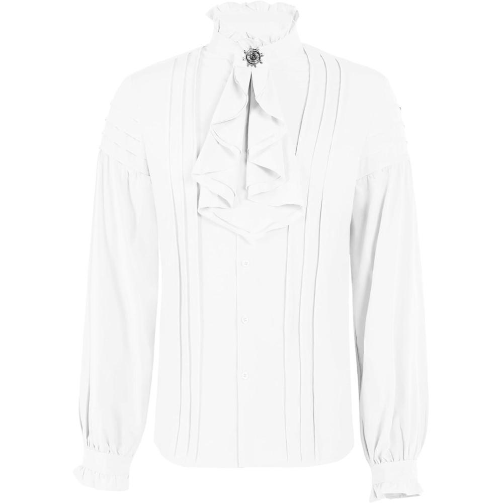 imageRuncati Mens Pirate Medieval Shirts Ruffle Steampunk Victorian Cosplay Costume Gothic Renaissance Shirt Viking TopsWhite