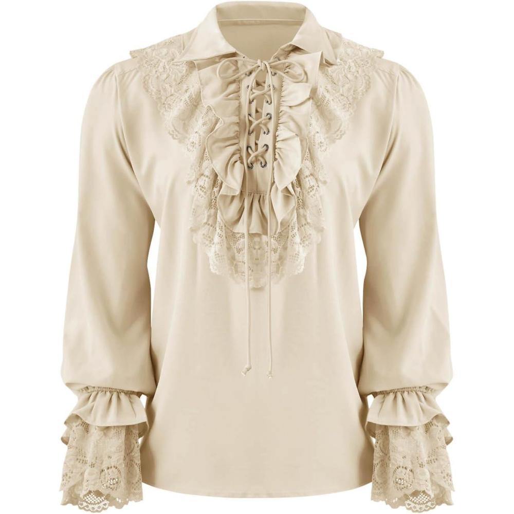imageRuncati Mens Pirate Shirt Ruffle Renaissance Victorian Vampire Poet Shirts Steampunk Gothic Medieval Lace CostumeBeige