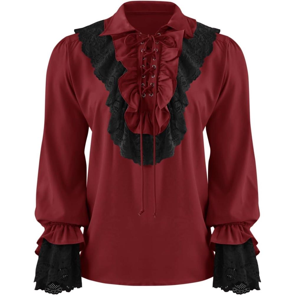 imageRuncati Mens Pirate Shirt Ruffle Renaissance Victorian Vampire Poet Shirts Steampunk Gothic Medieval Lace CostumeBurgundy