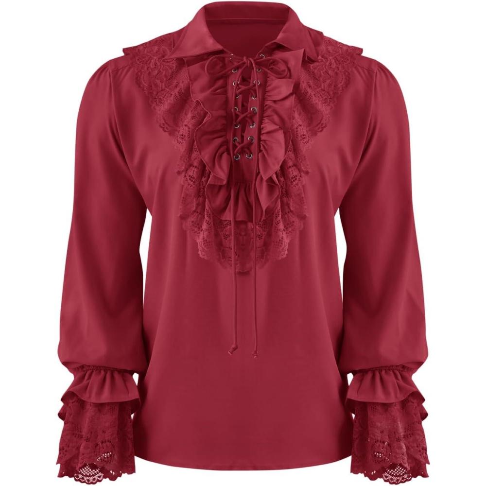 imageRuncati Mens Pirate Shirt Ruffle Renaissance Victorian Vampire Poet Shirts Steampunk Gothic Medieval Lace CostumeRed
