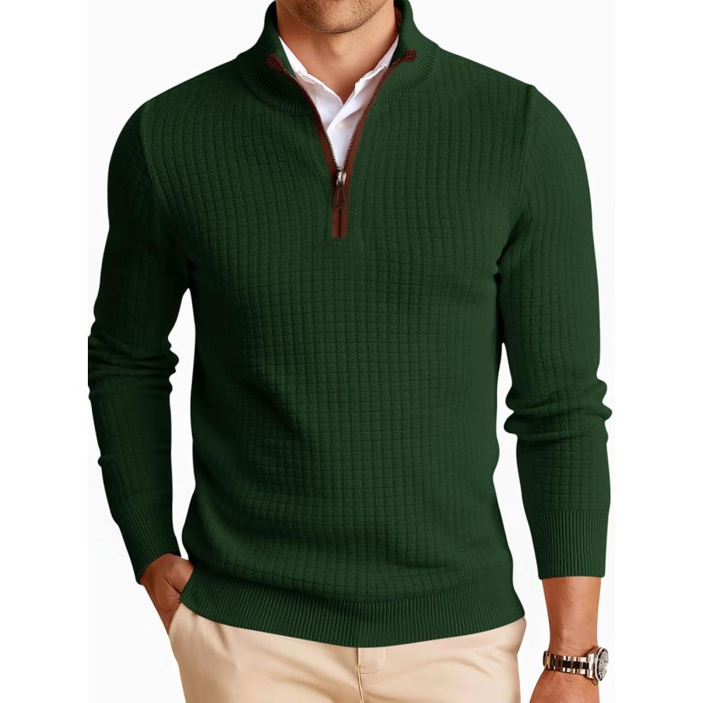 imageRuncati Mens Quarter Zip Pullover Sweaters Mock Neck Slim Fit Lightweight Pullover Waffle Knit Casual Polo SweaterArmy Green