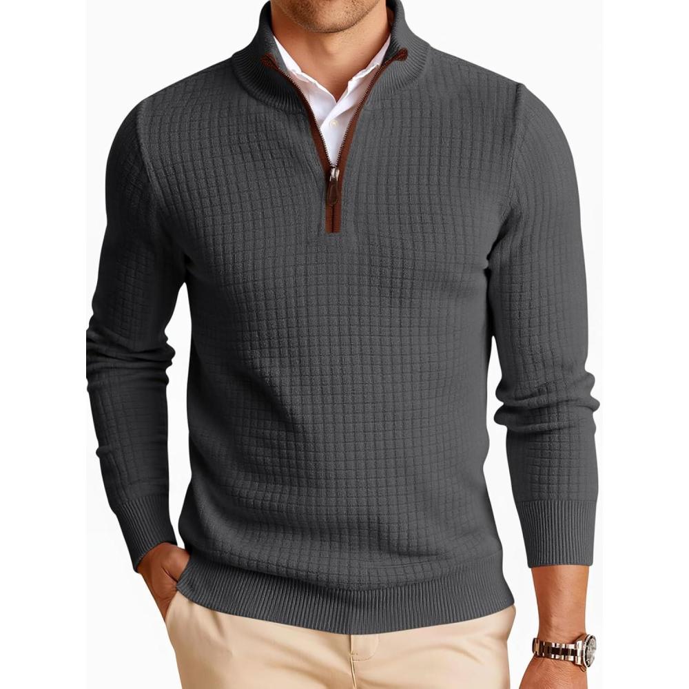 imageRuncati Mens Quarter Zip Pullover Sweaters Mock Neck Slim Fit Lightweight Pullover Waffle Knit Casual Polo SweaterDark Grey
