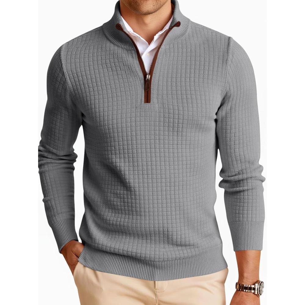 imageRuncati Mens Quarter Zip Pullover Sweaters Mock Neck Slim Fit Lightweight Pullover Waffle Knit Casual Polo SweaterGrey