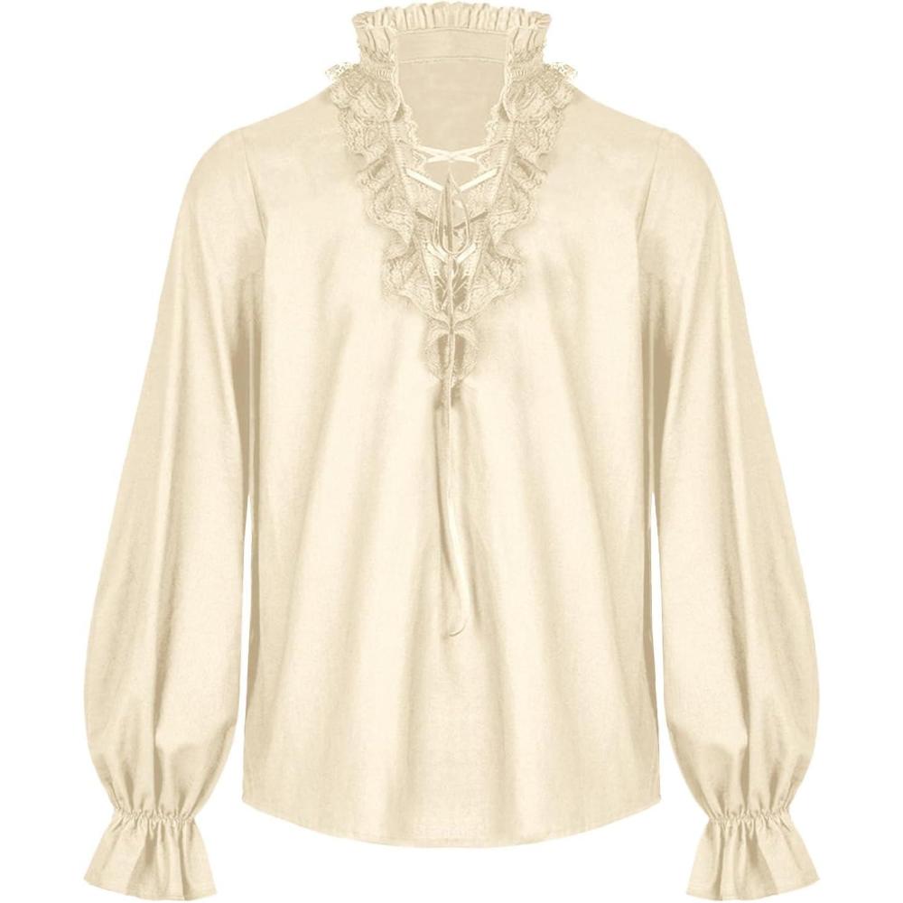 imageRuncati Mens Ruffle Pirate Shirts Lace Medieval Renaissance Vampire Poet Shirt Gothic Steampunk Victorian CostumeBeige