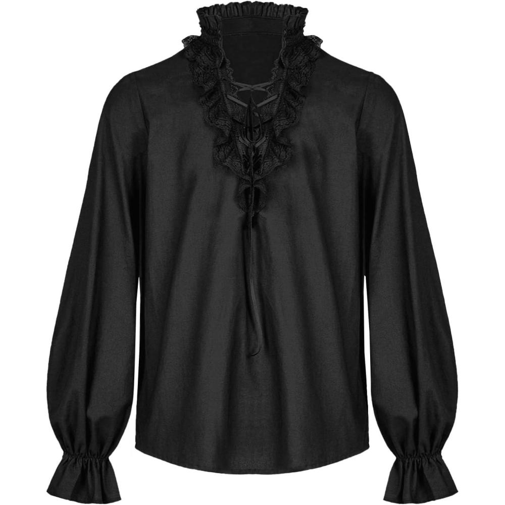 imageRuncati Mens Ruffle Pirate Shirts Lace Medieval Renaissance Vampire Poet Shirt Gothic Steampunk Victorian CostumeBlack
