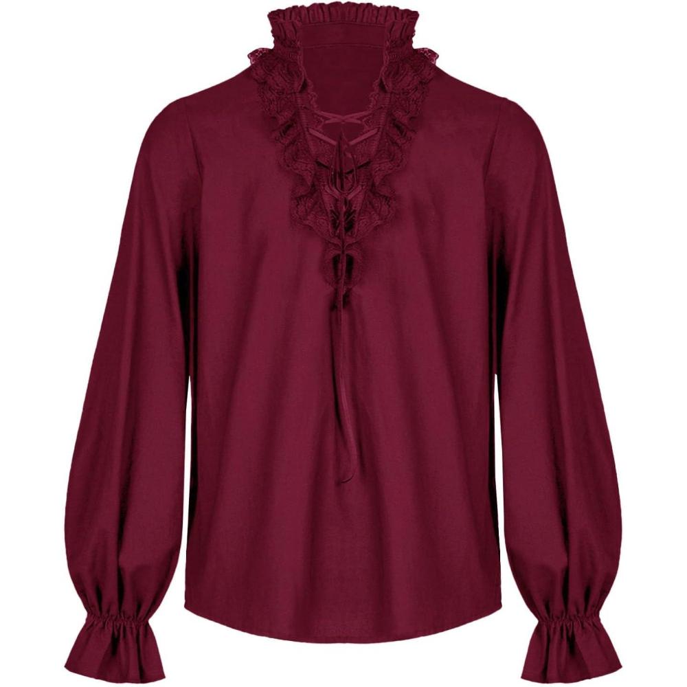 imageRuncati Mens Ruffle Pirate Shirts Lace Medieval Renaissance Vampire Poet Shirt Gothic Steampunk Victorian CostumeBurgundy