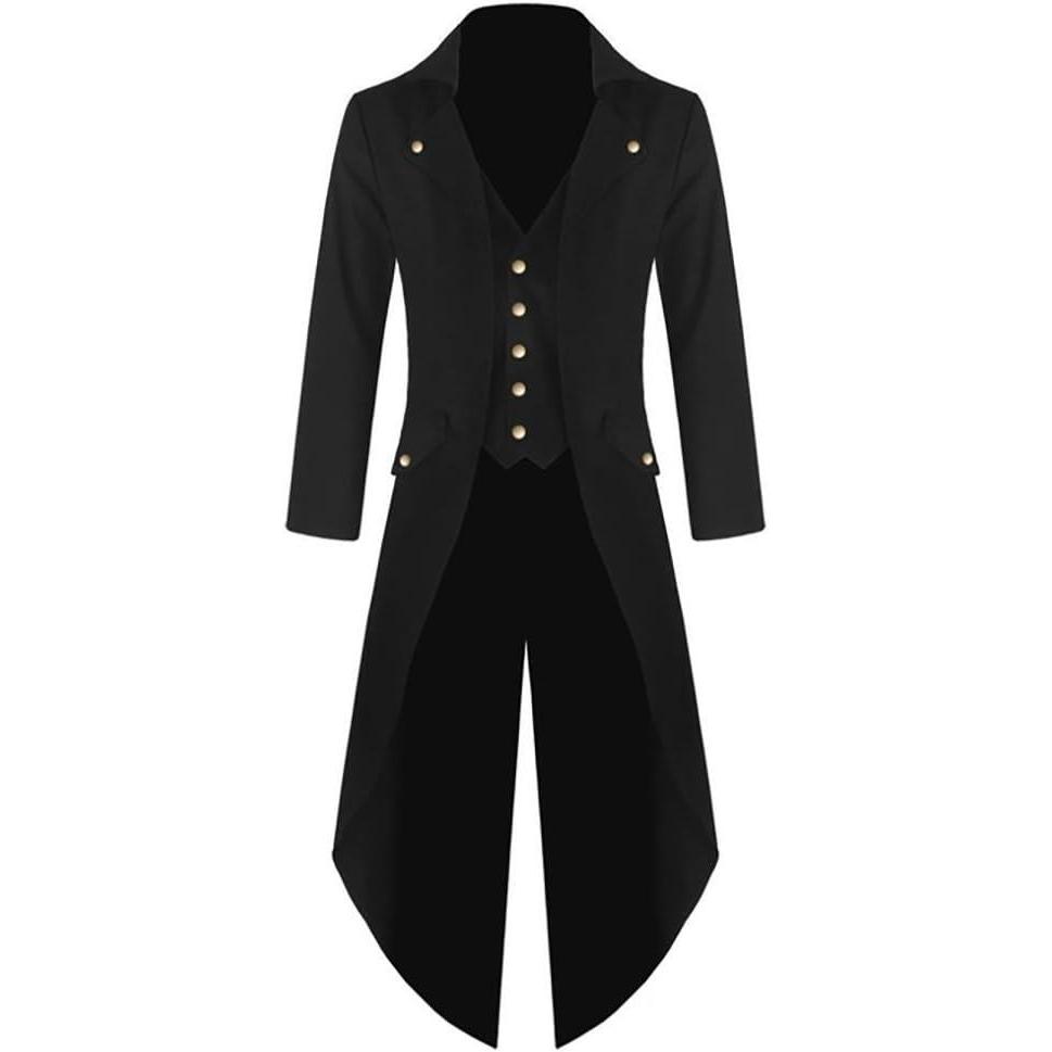imageRuncati Mens Steampunk Victorian Jacket Gothic Tailcoat Costume Vintage Tuxedo Viking Renaissance Pirate Halloween CoatsBlack