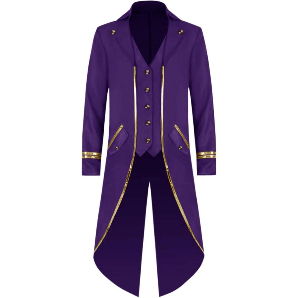 imageRuncati Mens Steampunk Victorian Jacket Gothic Tailcoat Costume Vintage Tuxedo Viking Renaissance Pirate Halloween CoatsPurplex