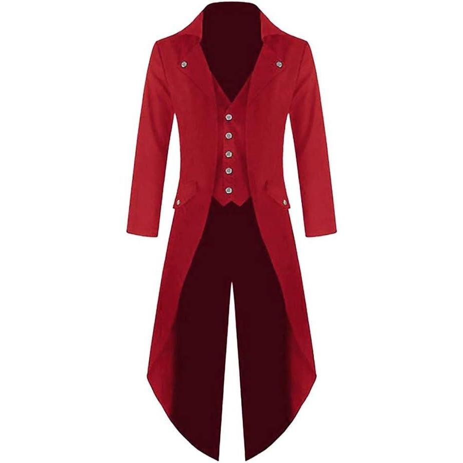 imageRuncati Mens Steampunk Victorian Jacket Gothic Tailcoat Costume Vintage Tuxedo Viking Renaissance Pirate Halloween CoatsRed