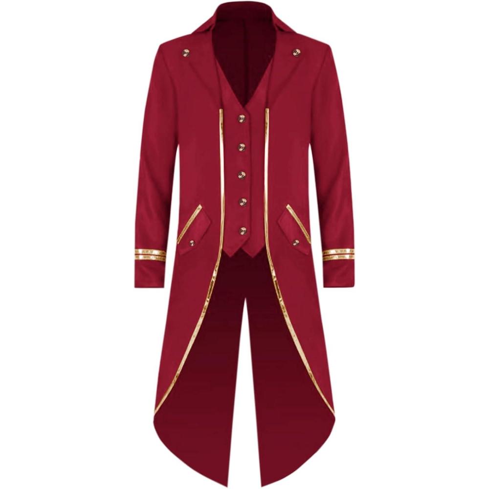 imageRuncati Mens Steampunk Victorian Jacket Gothic Tailcoat Costume Vintage Tuxedo Viking Renaissance Pirate Halloween CoatsRedx