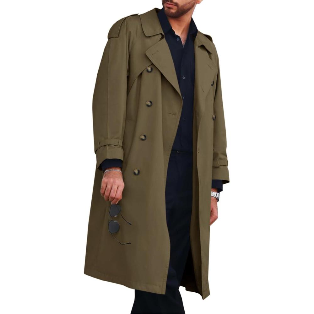 imageRuncati Mens Trench Coat Double Breasted Long Jacket Casual Windbreaker Notched Lapel Belted OvercoatArmy Green
