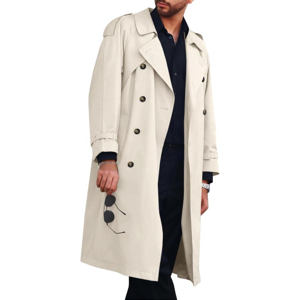 imageRuncati Mens Trench Coat Double Breasted Long Jacket Casual Windbreaker Notched Lapel Belted OvercoatBeige