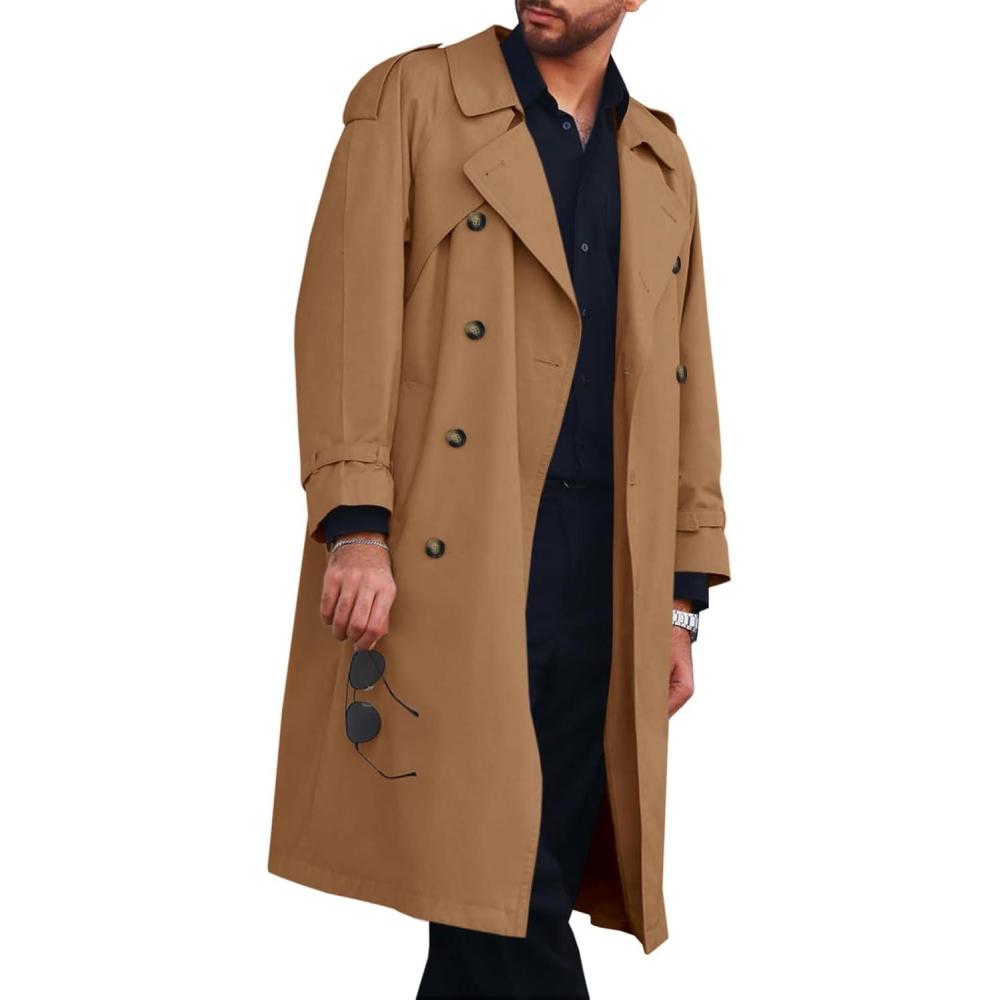 imageRuncati Mens Trench Coat Double Breasted Long Jacket Casual Windbreaker Notched Lapel Belted OvercoatBrown
