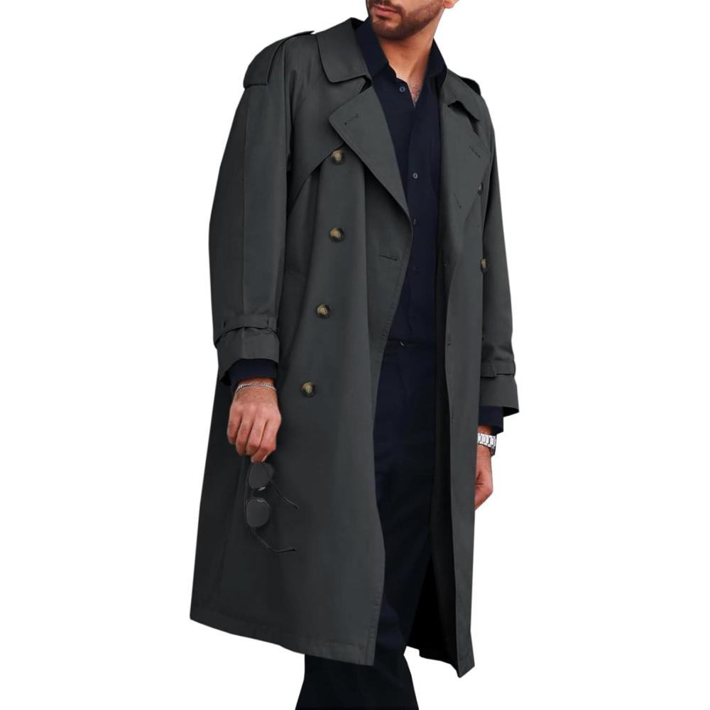 imageRuncati Mens Trench Coat Double Breasted Long Jacket Casual Windbreaker Notched Lapel Belted OvercoatDark Grey