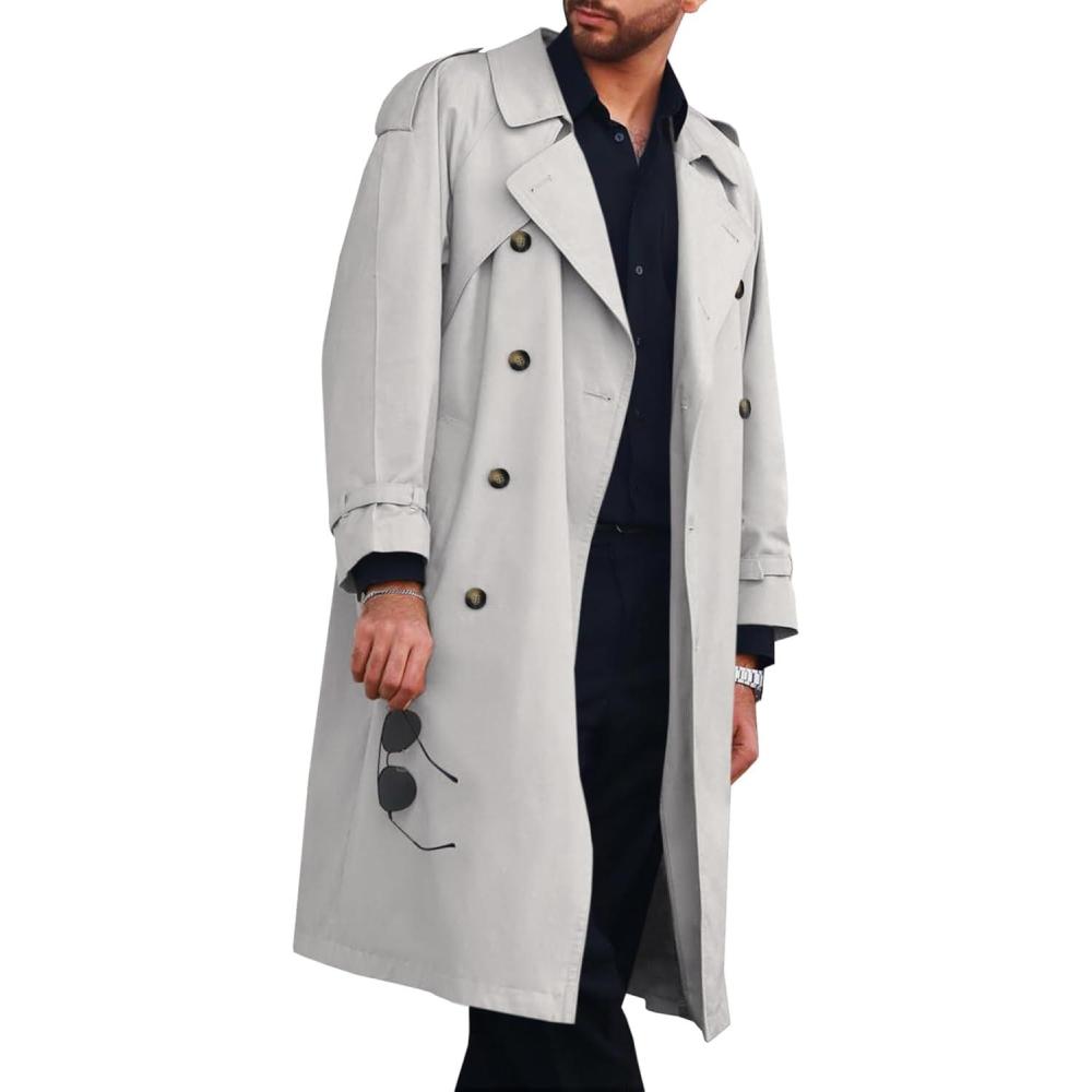 imageRuncati Mens Trench Coat Double Breasted Long Jacket Casual Windbreaker Notched Lapel Belted OvercoatGrey