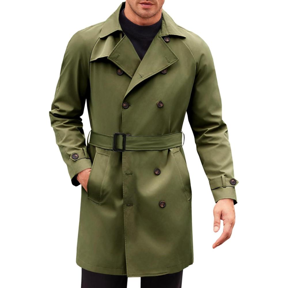 imageRuncati Mens Trench Coat Double Breasted Mid Long Jacket Casual Belted Overcoat Notched Lapel WindbreakerArmy Green
