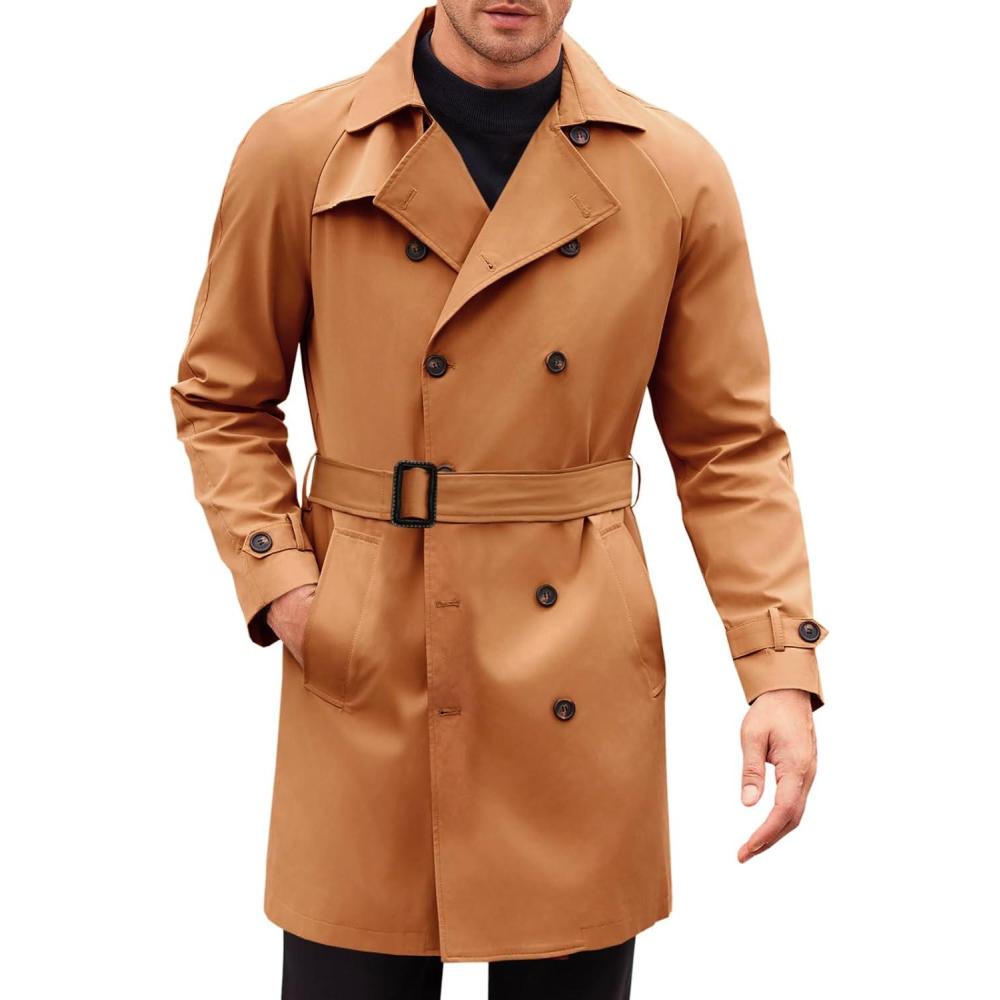 imageRuncati Mens Trench Coat Double Breasted Mid Long Jacket Casual Belted Overcoat Notched Lapel WindbreakerBrown