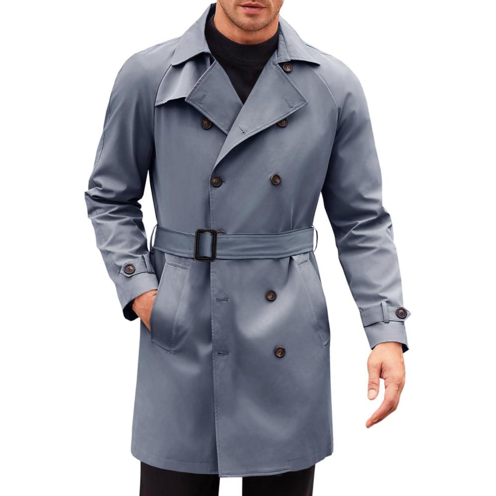 imageRuncati Mens Trench Coat Double Breasted Mid Long Jacket Casual Belted Overcoat Notched Lapel WindbreakerDark Grey