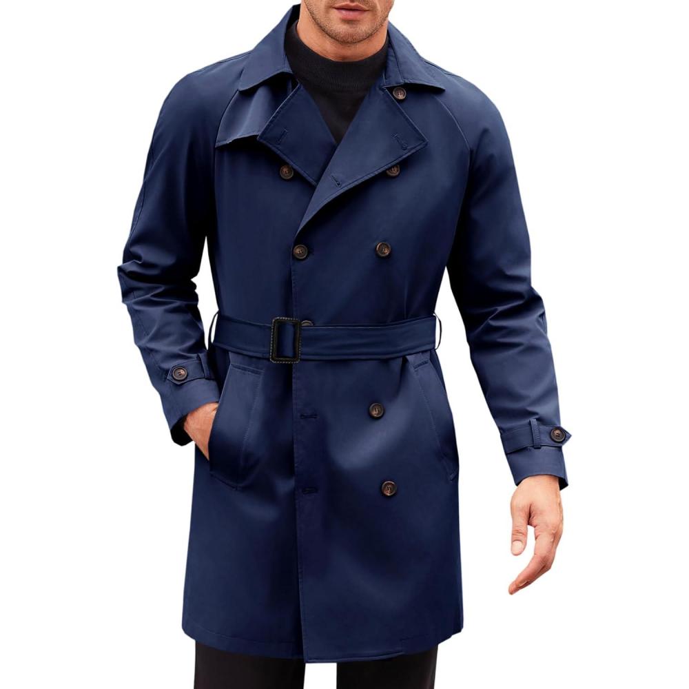 imageRuncati Mens Trench Coat Double Breasted Mid Long Jacket Casual Belted Overcoat Notched Lapel WindbreakerNavy Blue